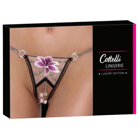 Cottelli - Tanga de lujo bordado con lirios (blanco y negro)