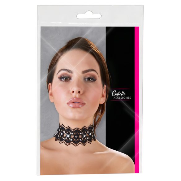 Cottelli - Collar de encaje negro con perlas y strass