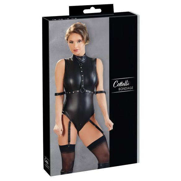 Cottelli Bondage - body sin mangas brillante con esposas (negro) - XL